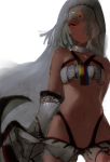  1girl altera_(fate) bare_shoulders dark_skin detached_sleeves fate/grand_order fate_(series) hair_over_one_eye highres hojiro_(piko519) looking_at_viewer midriff navel red_eyes short_hair solo veil white_hair 