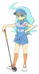  &gt;:/ 1girl :/ aqua_hair blue_eyes blue_hat blue_skirt blush breasts buttons closed_mouth collared_shirt elite_four feathers full_body hand_on_hip hat kahili_(pokemon) kneehighs long_hair marutomoyuki miniskirt mole mole_under_eye orange_legwear pencil_skirt pin pokemon pokemon_(game) pokemon_sm shirt shoes short_sleeves simple_background skirt small_breasts solo standing striped striped_shirt visor_cap white_background white_shoes 