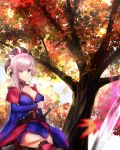 1girl 28aarts absurdres asymmetrical_hair autumn_leaves backlighting bangs blue_eyes blurry breasts cleavage closed_mouth collarbone depth_of_field detached_sleeves eyebrows_visible_through_hair fate/grand_order fate_(series) hair_ornament hair_over_one_eye highres japanese_clothes katana large_breasts lavender_hair leaf light_smile looking_at_viewer maple_leaf miyamoto_musashi_(fate/grand_order) ponytail sheath sheathed sitting smile solo sword thighs tree weapon 