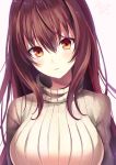  1girl alternate_costume arms_at_sides artist_name bangs beige_background blush breasts brown_hair closed_mouth eyebrows_visible_through_hair fate/grand_order fate_(series) hair_between_eyes highres large_breasts light_smile long_hair looking_at_viewer okotoburi ribbed_sweater scathach_(fate/grand_order) signature simple_background solo sweater turtleneck upper_body 