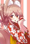  1girl :o animal_ears brown_hair cup floral_print fox_ears fox_tail japanese_clothes kimono long_hair noa_(nagareboshi) original ponytail red_eyes sakazuki tail 