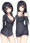  2girls :d arms_behind_back bangs bare_shoulders black_hair black_shirt black_sweater blunt_bangs blush bottomless breasts brown_eyes buttons cleavage collarbone collared_shirt contrapposto covered_navel cowboy_shot dress dress_shirt eyebrows_visible_through_hair from_side groin hair_between_eyes hair_ornament hairclip highres hips kurokami_(kurokaminohito) large_breasts legs_apart legs_together long_hair long_sleeves looking_at_viewer multicolored_eyes multiple_girls naked_shirt naked_sweater no_bra off_shoulder open_mouth original parted_lips shirt short_hair sidelocks simple_background smile standing straight_hair sweater sweater_dress violet_eyes white_background x_hair_ornament yellow_eyes 