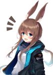  1girl :d absurdres amiya_(arknights) animal_ear_fluff animal_ears arknights bangs black_jacket blue_eyes blush breasts brown_hair eyebrows_visible_through_hair grey_neckwear hair_between_eyes highres jacket long_hair long_sleeves looking_at_viewer low_ponytail mizu_(lzzrwi603) notice_lines open_clothes open_jacket open_mouth ponytail rabbit_ears shirt sidelocks simple_background small_breasts smile solo upper_body very_long_hair white_background white_shirt 