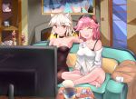  2girls animal_ears barefoot bismarck_(zhan_jian_shao_nyu) black_bra bra candle cat_ears choker closed_eyes couch highres indian_style indoors looking_at_another multiple_girls off_shoulder open_mouth photo_(object) pink_hair qiancong red_eyes short_hair sitting strapless television tirpitz_(zhan_jian_shao_nyu) underwear white_hair zhan_jian_shao_nyu 