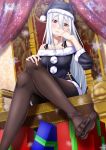  1girl alternate_costume black_santa_costume blush collarbone cross cross_necklace fate/zero fate_(series) feet from_below gift hat highres irisviel_von_einzbern jewelry legs_crossed long_hair looking_at_viewer necklace no_shoes pantyhose pov_feet red_eyes santa_costume santa_hat sitting snowflake_print snowflakes solo tawagoto_dukai_no_deshi toes white_hair 