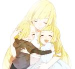  1boy 2girls blonde_hair brother_and_sister closed_eyes dress family gladio_(pokemon) hair_over_one_eye haruna_(___baaaaka_) highres hood hood_down hoodie hug lillie_(pokemon) long_hair lusamine_(pokemon) mother_and_daughter mother_and_son multiple_girls open_mouth pokemon pokemon_(game) pokemon_sm short_hair siblings simple_background smile white_background white_dress younger 