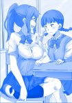  2girls black_legwear blush breast_envy breasts commentary_request kimi_no_na_wa kneehighs large_breasts miyamizu_mitsuha mole mole_under_eye monochrome multiple_girls natori_sayaka parody ponpon ponytail small_breasts twintails 