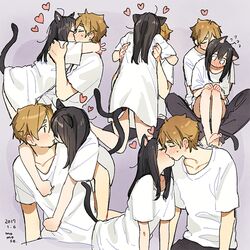  1boy 1girl animal_ears arms_around_neck artist_name black_hair blush cat_ears cat_tail closed_eyes couple dated embarrassed face-to-face full-face_blush heart hetero hug hug_from_behind kiss kitashirakawa_tamako light_brown_hair long_hair messy_hair momose_(oqo) multiple_views ooji_mochizou oversized_clothes pants shirt sitting sitting_on_lap sitting_on_person sweatdrop tail tamako_market 