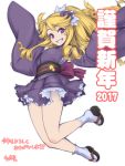  1girl 2017 akeome blonde_hair blush calliope_(sennen_sensou_aigis) drill_hair gochou_(kedama) grin hat japanese_clothes jumping long_hair long_sleeves looking_at_viewer mini_hat mini_witch_hat new_year sandals sennen_sensou_aigis sleeves_past_wrists smile solo tabi violet_eyes wide_sleeves witch_hat younger 