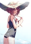  1girl asahikawa_hiyori ass auburn_hair cowboy_shot dutch_angle flat_ass flat_chest from_side hat looking_at_viewer one-piece_swimsuit original parted_lips partially_submerged pink_eyes profile short_hair solo straw_hat swimsuit thighs 