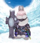  animal armor blue_sky clothed_animal clouds cloudy_sky commentary_request cosplay day fate/grand_order fate_(series) faulds full_body gorget grass hair_over_one_eye holding_shield looking_at_viewer no_humans o-ring one_eye_covered p-f_lilac purple_hair rabbit sheath sheathed shield shielder_(fate/grand_order) shielder_(fate/grand_order)_(cosplay) short_hair sky solo standing sword vambraces violet_eyes weapon 