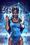  1girl absurdres black_hair blue_dress blue_nails breasts brown_eyes cyborg dark_skin dress earrings eyebrows eyeshadow forehead_jewel gun handgun headgear highres hologram jewelry kate-fox long_hair makeup mechanical_arm medium_breasts mole nail_polish nose overwatch side_slit smirk solo symmetra_(overwatch) visor weapon 