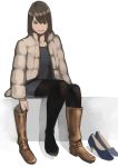  1girl absurdres bangs black_eyes black_hair black_legwear boots closed_mouth coat feet full_body high_heels highres looking_down original pantyhose shadow shoes_removed short_hair simple_background single_boot single_shoe sitting solo toes white_background yomu_(sgt_epper) 