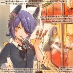  2016 2girls between_fingers colored_pencil_(medium) dated eyepatch food gloves gloves_removed hamster headgear kantai_collection kebab kirisawa_juuzou long_hair mechanical_halo mouth_hold multiple_girls necktie numbered purple_hair shop short_hair skewer standing tatsuta_(kantai_collection) tenryuu_(kantai_collection) traditional_media translation_request twitter_username yellow_eyes 