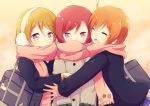  3girls ^_^ ahoge bag bag_charm brown_hair closed_eyes coat commentary_request earmuffs girl_sandwich hoshizora_rin koizumi_hanayo long_sleeves love_live! love_live!_school_idol_project mode_(mode-n) multiple_girls nishikino_maki open_mouth pink_scarf redhead sandwiched scarf school_bag shared_scarf short_hair smile upper_body violet_eyes winter_clothes 