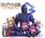  1boy 5girls anne_bonny_(fate/grand_order) armor berserker_(fate/zero) blue_dress book butterfly chibi commentary_request dress elbow_gloves euryale fate/extra fate/extra_ccc fate/grand_order fate/zero fate_(series) full_armor gloves hairband helena_blavatsky_(fate/grand_order) helmet holding holding_book horns lancer_(fate/extra_ccc) light_brown_hair mary_read_(fate/grand_order) multiple_girls open_mouth pointy_ears purple_hair silver_hair sitting sleeping sleeveless sleeveless_dress smile tomoyohi translation_request twintails 