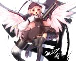  1girl ayagi_daifuku black_legwear blush breasts brown_dress calligraphy_brush dress fang juliet_sleeves loafers long_sleeves mystia_lorelei open_mouth paintbrush pink_eyes pink_hair puffy_sleeves shoes small_breasts solo thigh-highs thigh_gap touhou wide_sleeves wings zettai_ryouiki 