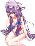  1girl asuzemu bad_leg bare_legs bikini blue_bow bow crescent crescent_hair_ornament frilled_bikini frills hair_bow hair_ornament hat highres long_hair looking_at_viewer mob_cap patchouli_knowledge purple_bikini purple_hair red_bow sidelocks simple_background sitting sketch solo swimsuit touhou very_long_hair violet_eyes white_background 
