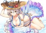  1girl bangs bracelet braid breasts brown_eyes cleavage closed_mouth covered_navel erun_(granblue_fantasy) eyebrows_visible_through_hair frilled_swimsuit frills granblue_fantasy hair_between_eyes hair_tubes hat heles hips holding holding_hat jewelry kurifuto large_breasts long_hair looking_at_viewer one-piece_swimsuit sandals see-through silver_hair single_braid smile solo sun_hat swimsuit thighs white_swimsuit 