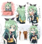  1girl arrow blush calligraphy_brush commentary_request ema floral_print food from_behind fruit green_eyes green_hair guriin hair_between_eyes hair_ornament hair_ribbon hairclip hamaya hatsumoude highres japanese_clothes kantai_collection kimono kotatsu long_hair mandarin_orange multiple_views neckerchief new_year open_mouth paintbrush ponytail ribbon sailor_collar shirt_grab table wavy_mouth white_background writing yamakaze_(kantai_collection) 