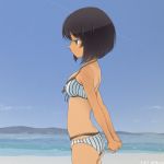  1girl arms_behind_back ass beach bikini black_hair bob_cut breasts chimaki_(u9works) cowboy_shot day front-tie_top girls_und_panzer green_eyes hoshino_(girls_und_panzer) layered_bikini medium_breasts profile short_hair solo standing striped striped_bikini swimsuit tan tanline white_bikini 