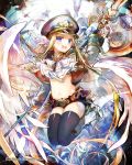  1girl absurdres anatamouta belt black_legwear black_shorts blonde_hair blue_eyes halberd highres holding holding_weapon light_valkyrie_(p&amp;d) long_hair looking_at_viewer navel open_mouth polearm shorts solo thigh-highs thousand_emperors valkyrie_(p&amp;d) weapon white_wings wings 