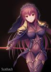  1girl bodysuit breasts character_name covered_navel fate/grand_order fate_(series) gae_bolg highres large_breasts long_hair looking_at_viewer pauldrons polearm purple_bodysuit purple_hair red_eyes scathach_(fate/grand_order) shoron solo spear veil weapon 