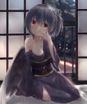  1girl alternate_costume alternate_hairstyle breasts bridge building clouds commentary_request fireworks highres indoors japanese_clothes kimono kishin_sagume kuro_(baseball0000) looking_at_viewer medium_breasts obi off_shoulder red_eyes sash silver_hair single_wing sitting smile solo touhou wings 