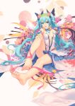  1girl aqua_eyes aqua_hair artist_name atdan barefoot butterfly feet flower full_body hatsune_miku head_wreath highres long_hair looking_at_viewer nail_polish open_mouth revision sitting soles solo toenail_polish toes twintails very_long_hair vocaloid wings 