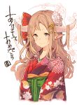  1girl akeome animal_ears animal_print bangs bird_print blush brown_hair closed_mouth floral_background floral_print flower grey_eyes hair_flower hair_ornament happy_new_year highres horns japanese_clothes kimono long_hair looking_at_viewer new_year original red_kimono smile solo translated tree upper_body white_flower year_of_the_rooster yoo_(tabi_no_shiori) 