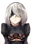  1girl blindfold breasts cleavage hairband hews_hack lips mole mole_under_mouth nier_(series) nier_automata short_hair silver_hair solo upper_body yorha_no._2_type_b yorha_unit_no._2_type_b 