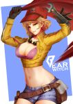  1girl absurdres arms_up artist_name bangs baseball_cap bearwitch belt bikini bikini_top black_gloves blonde_hair breast_pocket breasts brown_gloves cidney_aurum cleavage cowboy_shot cropped_jacket denim denim_shorts final_fantasy final_fantasy_xv gloves goggles goggles_around_neck green_eyes groin hat highres holding holster jacket legs_together lips long_sleeves makeup medium_breasts midriff navel open_clothes open_jacket parted_lips patreon_username pocket pouch purple_bikini short_hair short_shorts shorts smile solo swimsuit unzipped watermark web_address wrench yellow_jacket 