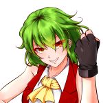 &gt;:) 1girl adapted_costume ascot bangs bare_shoulders black_gloves clenched_hand eyebrows_visible_through_hair eyes_visible_through_hair fingerless_gloves gloves green_hair grin itocoh kazami_yuuka looking_at_viewer orange_eyes red_vest shirt short_hair sleeveless sleeveless_shirt smile solo touhou upper_body vest white_background white_shirt 
