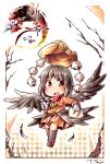  1girl 2017 argyle argyle_background artist_name bare_tree belt_buckle black_hair black_legwear black_wings blush brown_jacket brown_skirt buckle buttons calligraphy_brush chibi feathered_wings feathers full_body geta gloves hat hat_removed headwear_removed highres kibayashi_kimori no_nose open_mouth orange_eyes paintbrush paper pom_pom_(clothes) red_flower red_scarf scarf shameimaru_aya short_hair skirt solo tengu-geta touhou translation_request tree white_background white_flower white_gloves wings 
