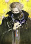  1boy amano_yoshitaka beads black_cloak book_of_the_new_sun collar_up cover cover_page covered_mouth face_mask flower grey_eyes hair_slicked_back highres jewelry male_focus mask mask_removed novel_cover official_art pale_skin popped_collar ring scarf severian silver_hair solo traditional_media yellow_background 
