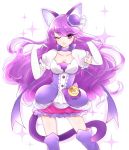  1girl animal_ears bow bubble_skirt cat_ears cat_tail chemaru_(a8l) choker cowboy_shot cure_macaron earrings elbow_gloves extra_ears food_themed_hair_ornament gloves hair_ornament highres jewelry kirakira_precure_a_la_mode kotozume_yukari layered_skirt long_hair looking_at_viewer macaron_hair_ornament magical_girl one_eye_closed precure purple purple_bow purple_hair purple_legwear purple_skirt ribbon_choker skirt smile solo tail thigh-highs violet_eyes white_background white_gloves 