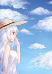  1girl blue_sky clouds dress from_side hand_on_own_face hat liu_chun-ling original profile red_eyes sky solo sun_hat upper_body white_dress white_hair 