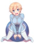  1girl :d bangs blonde_hair blue_eyes blue_sweater blush boots brave_witches breasts from_above fur_trim hair_between_eyes konnyaku_(kk-monmon) large_breasts looking_at_viewer nikka_edvardine_katajainen open_mouth pantyhose shadow short_hair simple_background sitting smile solo sweater turtleneck turtleneck_sweater white_background white_legwear world_witches_series 