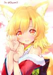  1girl animal_ears bare_shoulders blonde_hair blush dated fox_ears fox_tail heart hutaba_akane japanese_clothes long_hair looking_at_viewer naomi_(sekai_no_hate_no_kissaten) open_mouth original paw_pose red_eyes smile solo tail twitter_username 