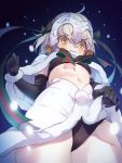  1girl ahoge bangs bell black_bikini_top black_gloves black_legwear black_panties blonde_hair blurry blush breasts capelet covered_mouth cowboy_shot depth_of_field elbow_gloves embarrassed eyebrows_visible_through_hair fate/grand_order fate_(series) from_below fur_trim furrowed_eyebrows gloves glowing hair_ribbon headpiece jeanne_alter jeanne_alter_(santa_lily)_(fate) lifted_by_self looking_down midriff miniskirt miya_(ete) panties pom_pom_(clothes) ribbon ruler_(fate/apocrypha) silver_hair skirt skirt_lift small_breasts snowing solo striped thigh-highs under_boob underwear upskirt white_skirt wrist_cuffs yellow_eyes 