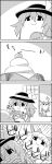  4koma bow comic eyeball greyscale hair_bow hat hat_ribbon highres horn_bow horns ibuki_suika kagami_mochi komeiji_koishi long_hair monochrome ribbon smile tani_takeshi third_eye touhou yukkuri_shiteitte_ne 