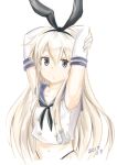  1girl 2017 absurdres anchor_hair_ornament animal_ears arms_behind_head arms_up blonde_hair breasts collarbone commentary_request dated elbow_gloves fake_animal_ears gloves grey_eyes hair_ornament hairband highres inoue_kousei kantai_collection long_hair looking_at_viewer midriff navel neckerchief open_mouth panty_straps rabbit_ears sailor_collar sailor_shirt shimakaze_(kantai_collection) shirt sidelocks sleeveless sleeveless_shirt small_breasts solo white_background white_gloves white_shirt 
