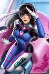  1girl acronym animal_print arm_at_side blue_bodysuit bodysuit boots bracer breasts brown_eyes brown_hair bunny_print d.va_(overwatch) day eyelashes eyeliner facepaint facial_mark from_above gloves hand_up headphones legs_together long_hair long_sleeves looking_at_viewer makeup matching_hair/eyes mecha medium_breasts meka_(overwatch) nazuroth overwatch parted_lips pauldrons petals pilot_suit pink_lips ribbed_bodysuit shading_eyes shoulder_pads sitting skin_tight smile solo thigh-highs thigh_boots thigh_strap turtleneck whisker_markings white_boots white_gloves 