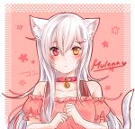  1girl :&lt; animal_ears bare_shoulders bell cat_ears cat_hair_ornament cat_tail clenched_hands collar dated hair_ornament hairclip heterochromia highres jingle_bell liu_chun-ling long_hair orange_eyes original red_eyes signature solo white_hair 
