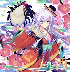  1girl animal bangs bird blue_eyes blush bow breasts chicken cleavage closed_mouth cowboy_shot eyebrows_visible_through_hair floating_hair floral_background green_bow hair_between_eyes hat heterochromia holding holding_animal japanese_clothes kimono large_breasts lavender_hair long_hair looking_at_viewer mini_hat mini_top_hat nengajou new_year nyori original petals pink_eyes red_kimono rooster sash smile solo top_hat very_long_hair white_background wide_sleeves year_of_the_rooster 