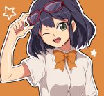  1girl ;d bangs bow bowtie collared_shirt glasses_on_head inazuma_eleven_(series) inazuma_eleven_go looking_at_viewer omikuji_(fortunemagnolia) one_eye_closed open_mouth orange_background otonashi_haruna outline red-framed_eyewear shirt short_sleeves simple_background smile solo star upper_body white_shirt yellow_bow yellow_bowtie 