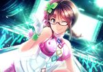  1girl akizuki_ritsuko antenna_hair brown_eyes brown_hair four-leaf_clover_hair_ornament glasses gloves idolmaster ima_(lm_ew) one_eye_closed revision solo stage stage_lights white_gloves 