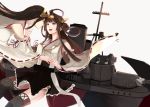  2girls ahoge bare_shoulders black_hair boots brown_hair camel000 detached_sleeves double_bun hair_ornament hairband haruna_(kantai_collection) headgear japanese_clothes kantai_collection kongou_(kantai_collection) long_hair looking_at_another machinery multiple_girls nontraditional_miko remodel_(kantai_collection) ribbon-trimmed_sleeves ribbon_trim rigging simple_background skirt smile smokestack straight_hair thigh-highs thigh_boots turret weapon white_background wide_sleeves 