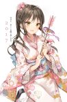  1girl 2017 anmi arrow bangs bell bird blush breasts brown_eyes brown_hair cowboy_shot eyebrows_visible_through_hair flamingo floating_hair floral_print flower hair_flower hair_ornament half-closed_eyes hamaya happy_new_year highres holding_arrow japanese_clothes jingle_bell kimono kotoyoro long_hair looking_at_viewer matching_hair/eyes medium_breasts mole mole_under_mouth new_year obi original parted_lips pink_flower purple_ribbon ribbon sandals sash simple_background smile socks solo standing standing_on_one_leg translated white_background white_kimono white_legwear 