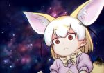  1girl :&lt; animal_ears blonde_hair bow bowtie brown_eyes commentary_request empty_eyes extra_ears fennec_(kemono_friends) fox_ears fox_tail gloves kemono_friends multicolored_hair pink_sweater short_hair solo space space_jin sweater tail universe 
